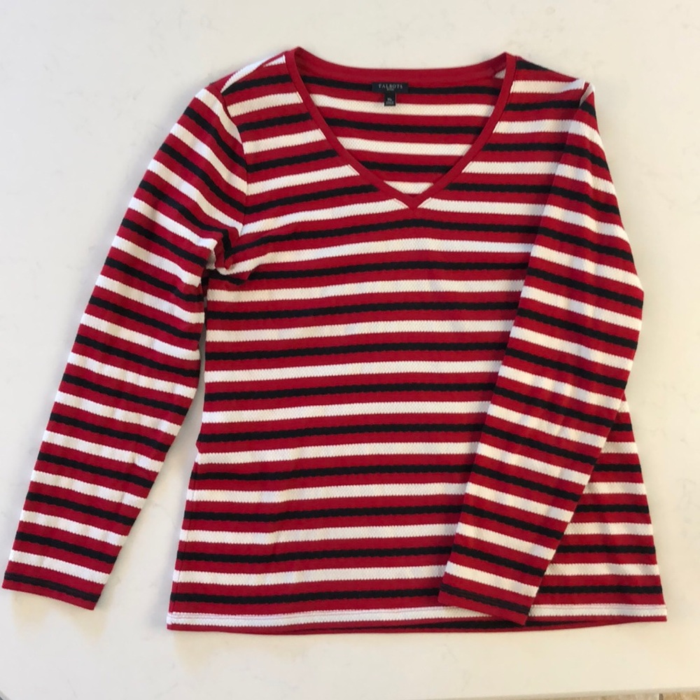 Talbots Red Black & White Long  Sleeve V-Neck Tee.